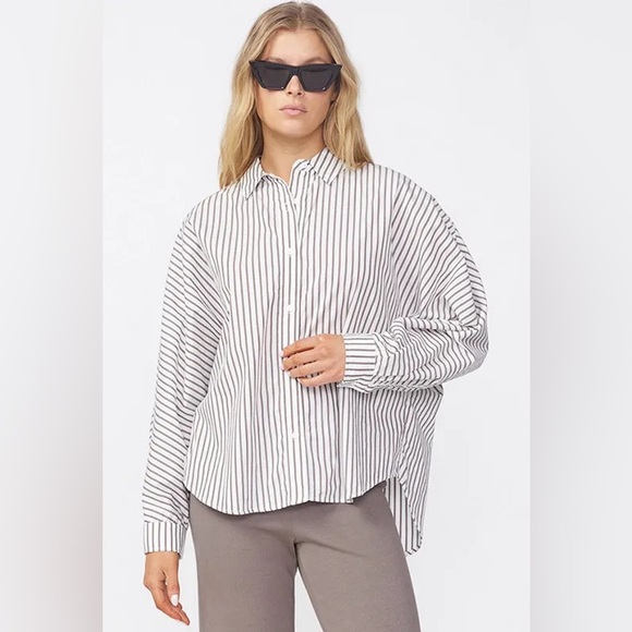 Stateside‎ 80's Poplin Stripe Dolman Shirt in Twig - Picture 1 of 7